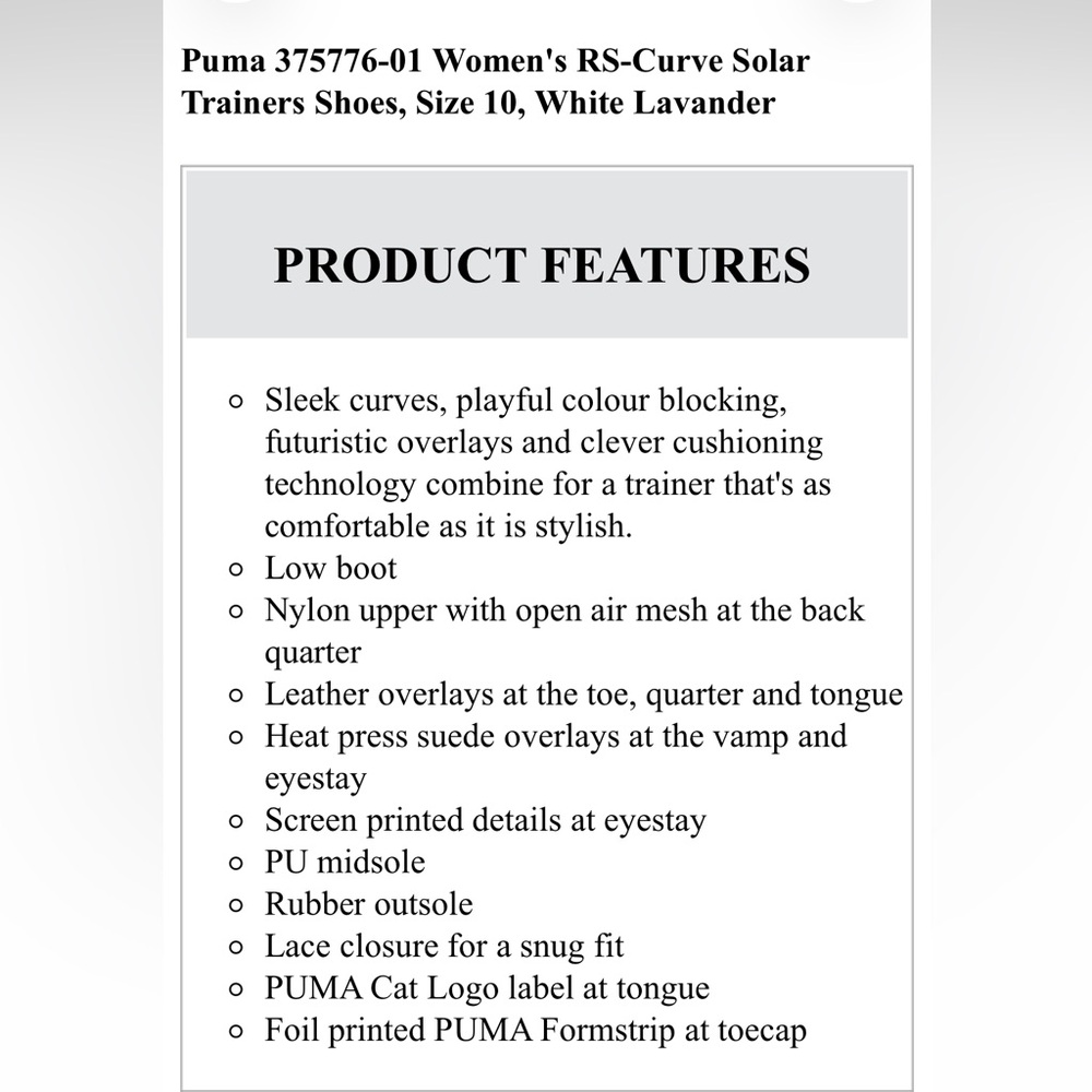 Puma Women's RS-Curve Solar Trainers Shoes, Size 10, White Lavander - Picture 7 of 7